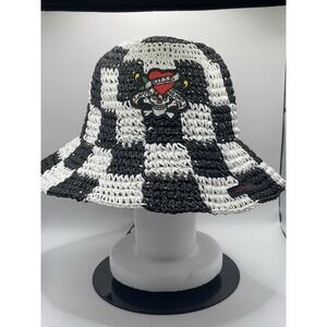 Ed‎ Hardy, Black And White Crochet Checkered Bucket hat festival Boho